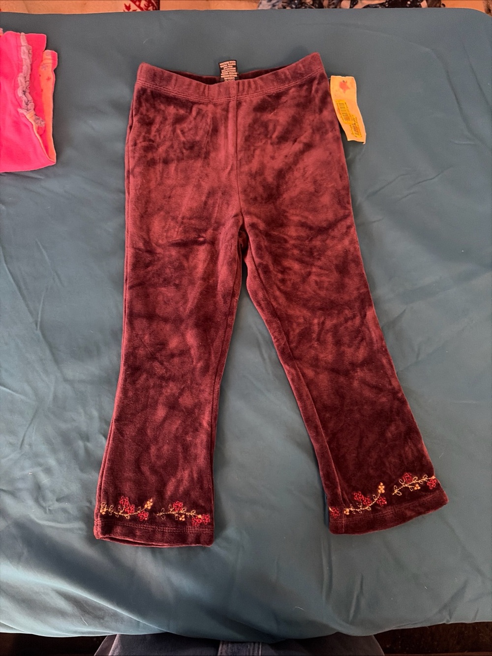 Ralph Lauren Kids Burgundy Plush Velvet Joggers with Floral Trim